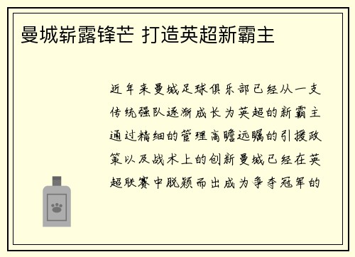 曼城崭露锋芒 打造英超新霸主